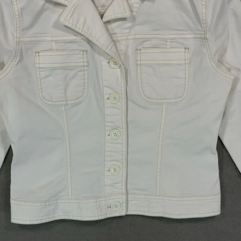 SO Women L White Denim Trucker Jacket Jean Crop Aesthetic Y2K Minimalist Chic - Picture 4 of 11